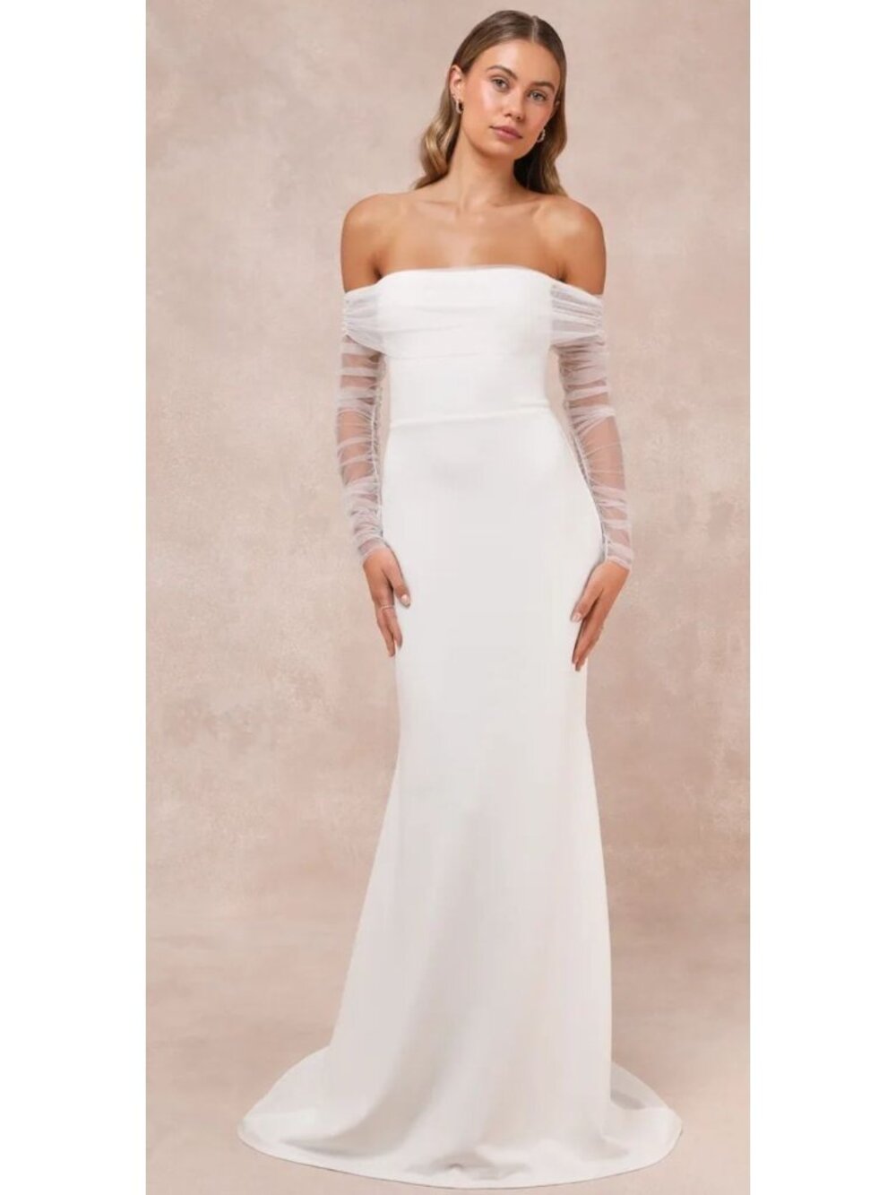 Lulus Beautifully Beloved White Mesh Off-the-Shoulder Maxi Dress Size Small NWT!